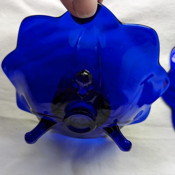 Vintage Fenton Cobalt Blue Glass 6 Petal 3 Footed Candle Holders - 2 - Picture 11 of 12
